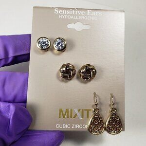 MIXIT  Set of 3 Gold-tone Sensitive Ears Hypoallergenic Stud & Teardrop Earrings